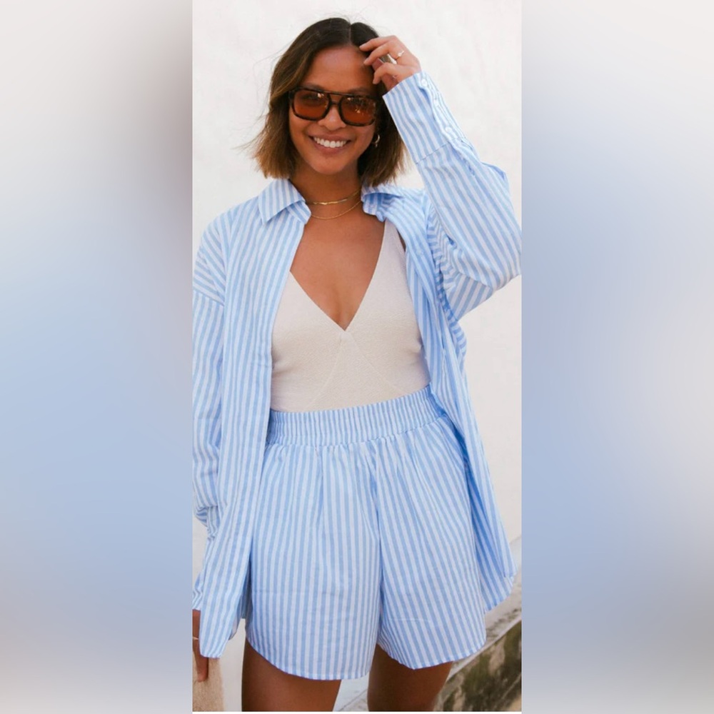LIONESS Blue and White Striped Shirt and Shorts Set - Picture 2 of 3